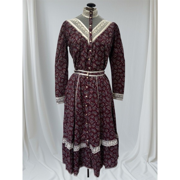 VTG 70s Gunne Sax Maroon XS/S Floral Calico Prairie Set Blouse Skirt Cottagecore - Picture 1 of 16